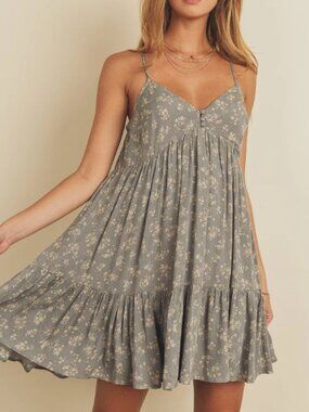 Dress Forum Gray Floral Babydoll Mini Dress S Tiered Boho Cottagecore